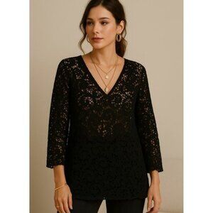 Adiva Elegant Black Lace Mesh Floral Sheer Top Gothic Romantic Evening Blouse 2X